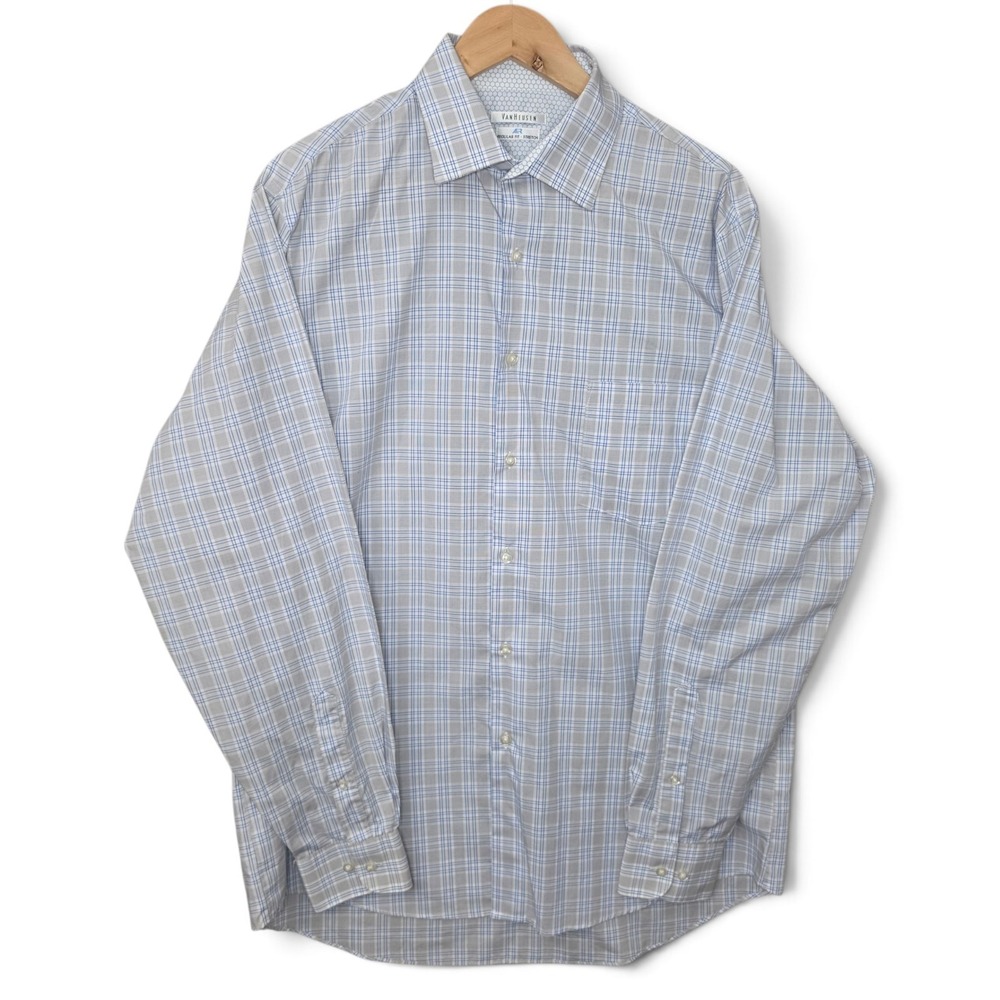 Van Heusen Air Dress Shirt Mens 16 34/35 Gray Blue Plaid Regular Fit Stretch Top